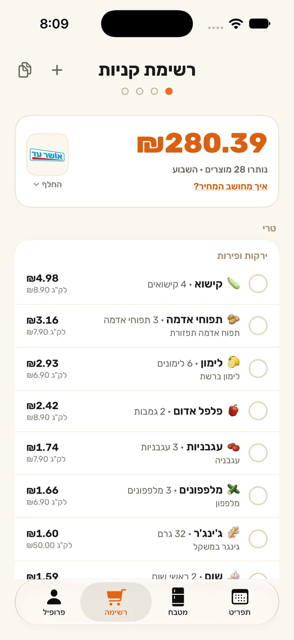 מסך רשימת הקניות באפליקציה: ₪280.39 ל־28 מוצרים