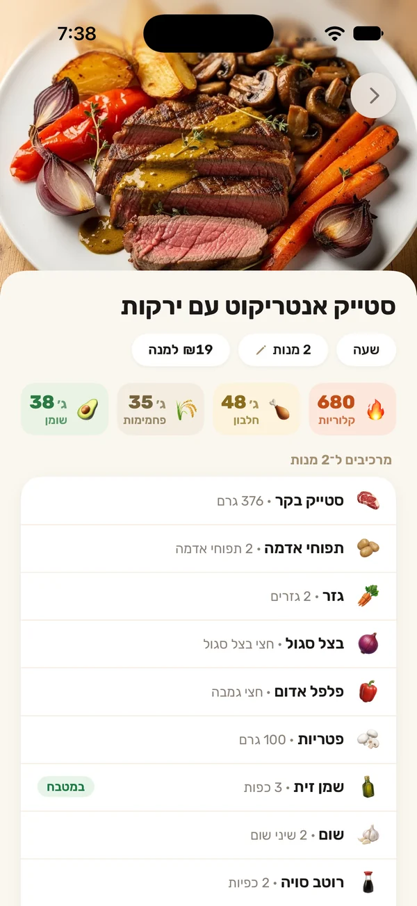 מסך מתכון באפליקציה
